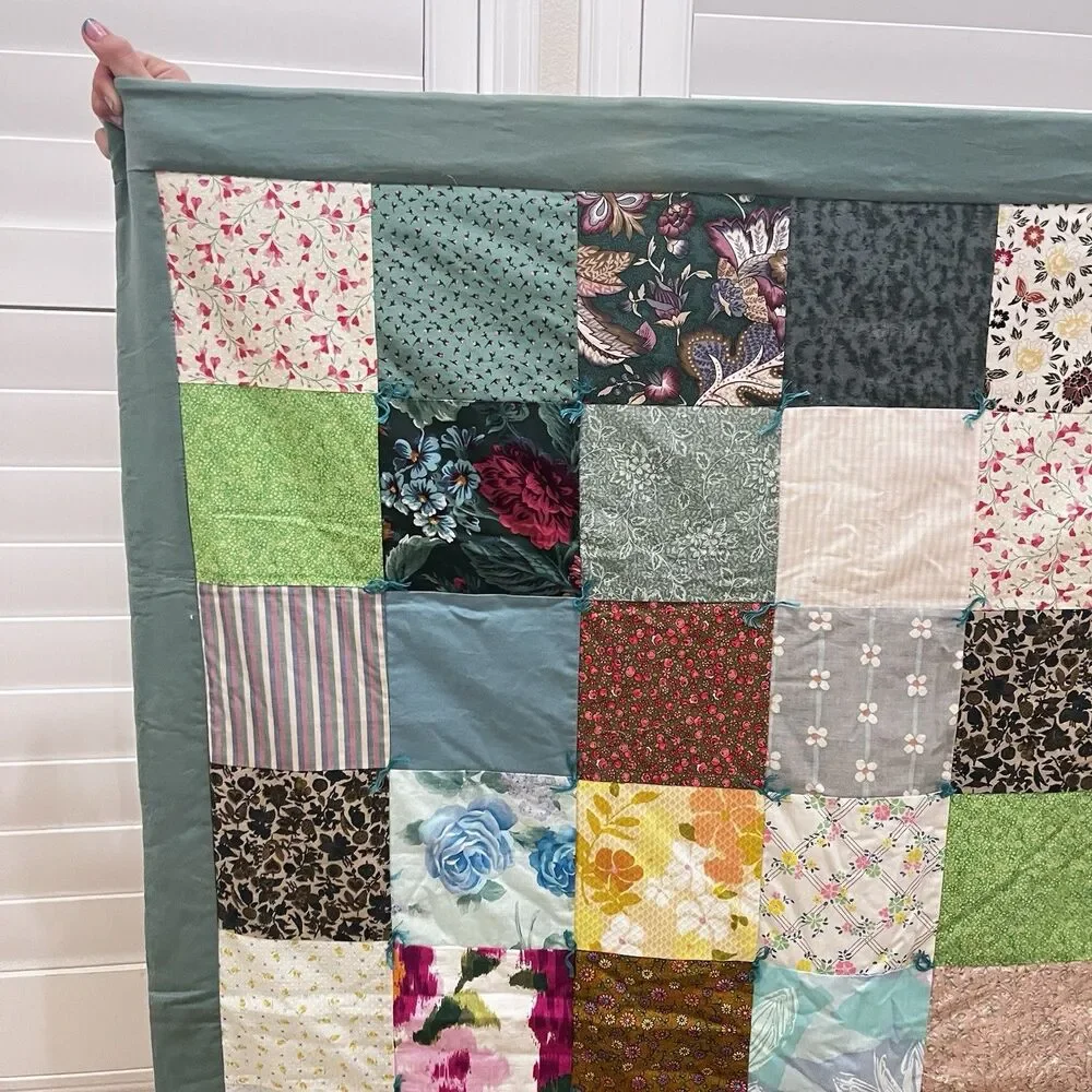 Handmade Patchwork Quilt Throw Lap Blanket Floral Teal Green